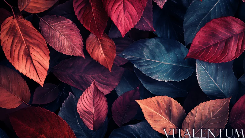 Macro study of red and blue foliage with cool cinematic grading.