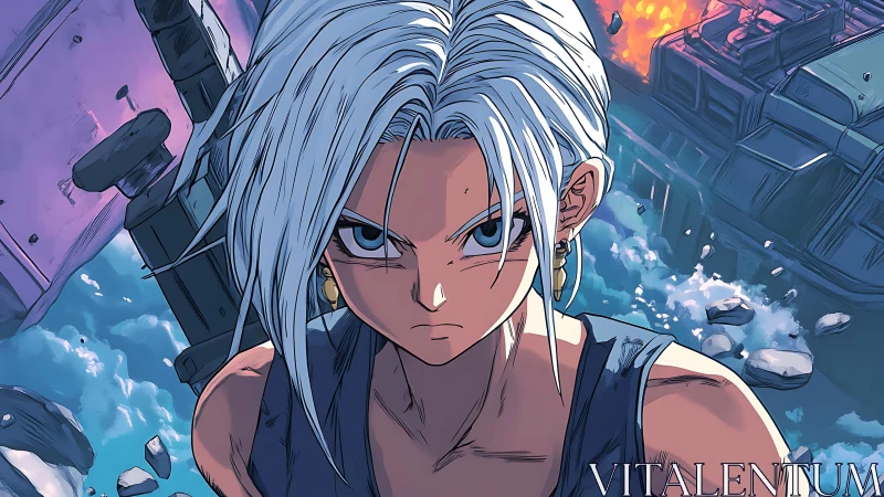 Fierce silver haired warrior standing strong amid chaos.