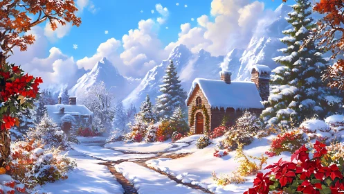 Snow covered mountain cabins in colorful winter landscape.