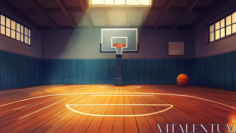 Sunlit hardwood court with central hoop and idle basketball.