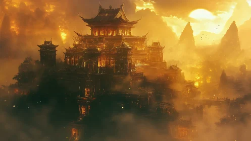 Golden mountain palace drifting through a dreamlike sunset.