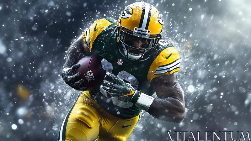 Gridiron running back charging through snowstorm burst.