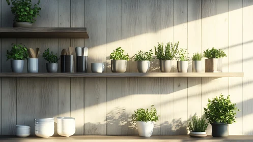 Sunlit wooden shelving displays minimalist potted herbs in rows