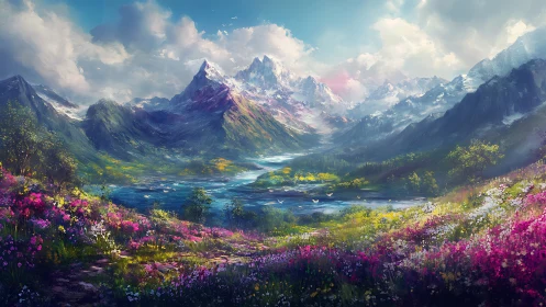 Sunlit alpine valley unfolds beyond a vibrant wildflower meadow