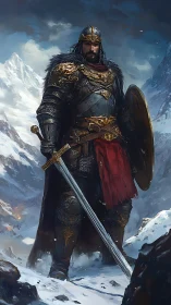 Armored warrior with sword in snowy mountain landscape.