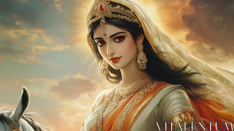 Regal Indian woman gazes forward in radiant sunset glow