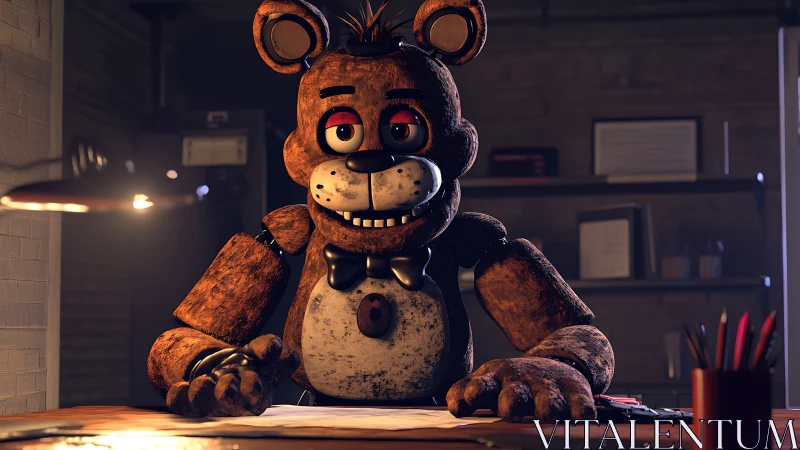 Rustic animatronic bear under moody desk lighting in office.