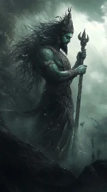 Stormbound sea guardian in swirling mist and shadowed waves.