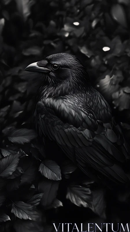 Midnight raven resting in velvet leaves of whispered shade.