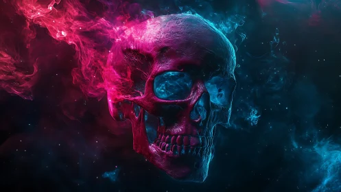 Bicolor digital skull with pink and blue vapor streams.