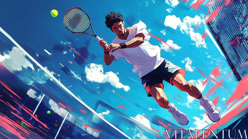 Dynamic tennis player strikes forehand under vivid blue sky