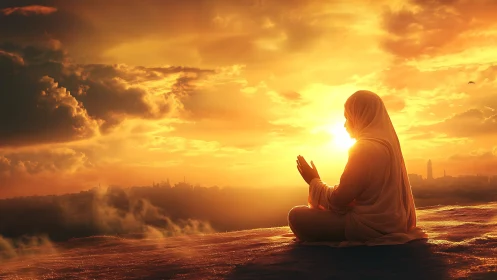 Golden hour prayer on a tranquil sunlit horizon.