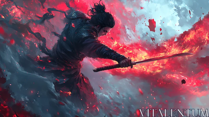 Swordmaster cleaves blazing storm with crimson arc.