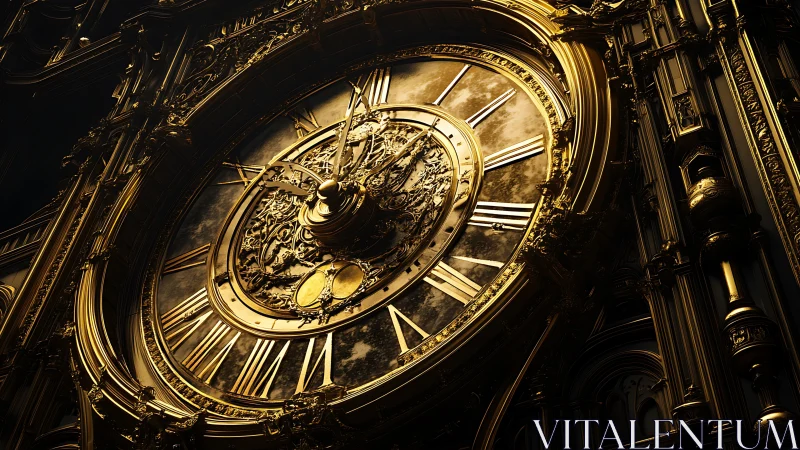 Baroque gilt clock fa&ccedil;ade in dramatic oblique 3D rendering.