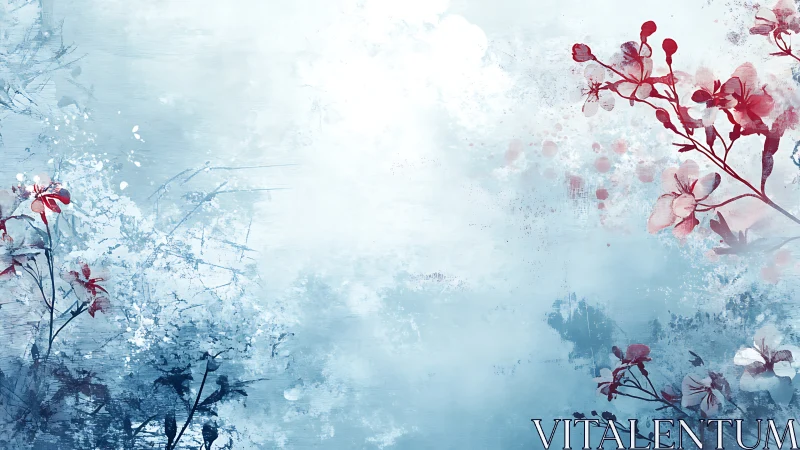 Watercolor Floral Composition with Soft Blue Atmospheric Wash Technique