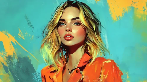 Digital portrait depicts woman in orange jacket on cyan field