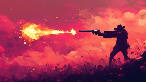 Lone gunslinger paints the dusk sky with molten fire