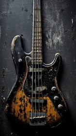 Weathered vintage bass guitar on distressed black backdrop.