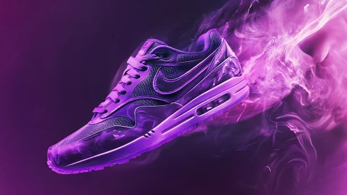 Neon purple running shoe rendered with dynamic vapor trail lighting