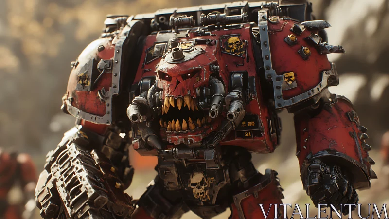 War-torn crimson mech stalking a battlefield of blurred ruin.
