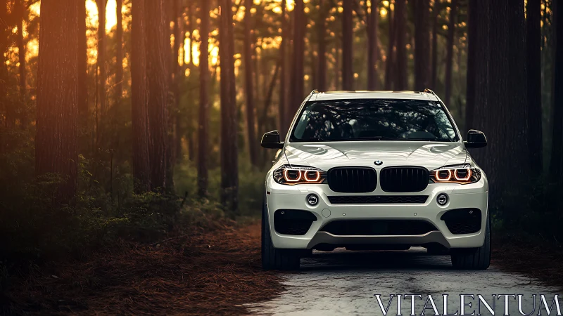 Sunlit forest lane welcomes a confident white SUV home.