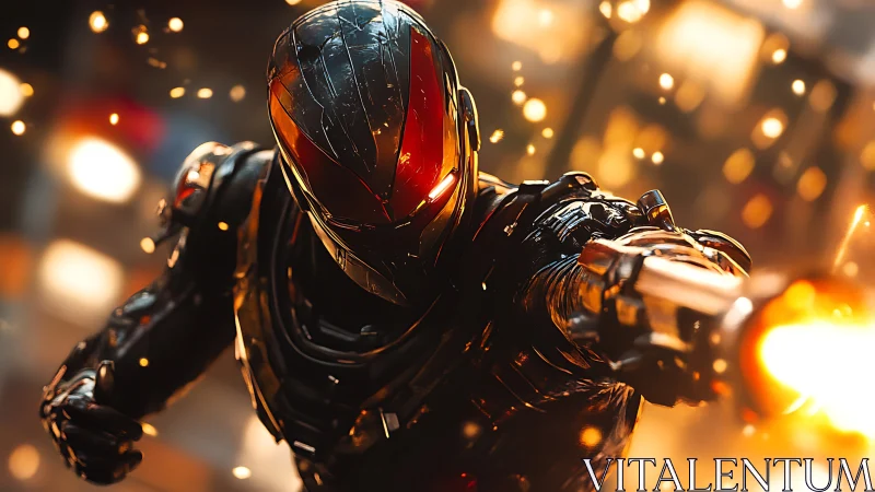 Armored cybernetic soldier fires weapon amid flying sparks