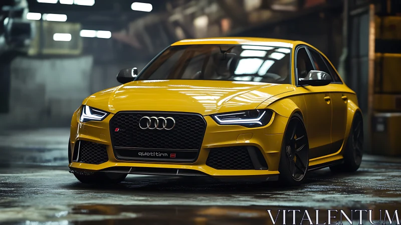 Yellow Audi sport sedan dominates moody industrial garage