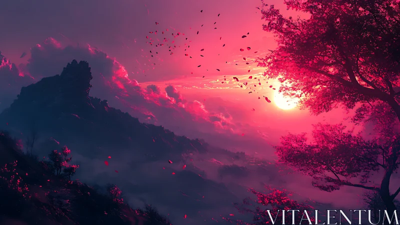 Crimson-lit mountain valley rendered in atmospheric digital painting