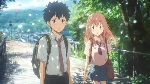 Two anime students walk on sunlit wooden bridge path