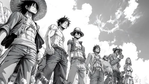 Straw hat pirates stand united under dramatic clouded sky.