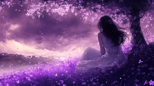 Twilight dreamer beneath violet blossoms and whispering sky.
