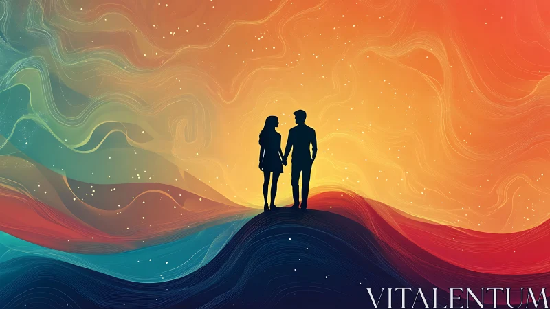 Silhouetted Couple at Sunset: Fluid Digital Abstraction with Ethereal Wave Pattern
