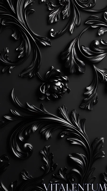 Black baroque foliage relief with glossy sculpted scrolls.