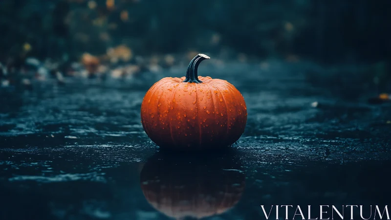 Rain-kissed pumpkin waits on a glossy dusk-blue road.