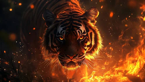 Tiger strides through blazing embers in dramatic rim light.