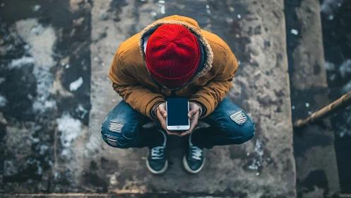 Elevated perspective of person in cardinal red knit cap with mobile device