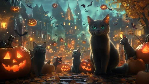 Cats' Glowing Harvest: Halloween's Emerald-Eyed Sentinels.
