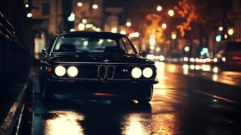 Classic black BMW coupe parked on wet city street at night.