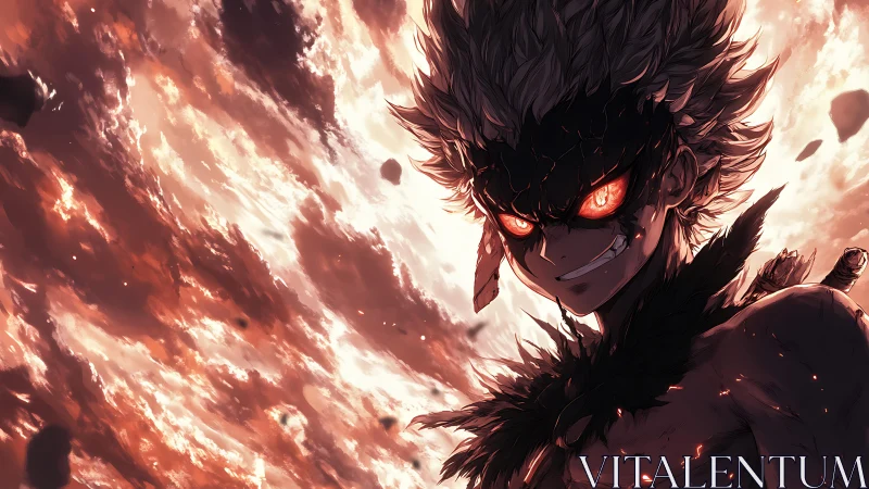 Smirking ember-eyed warrior carves menace from burning sky