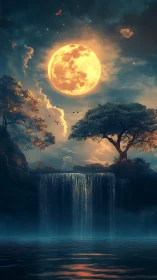 Large moon illuminates stylized waterfall and silhouetted trees