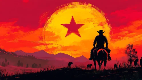 Cowboy rides into a painted sun crowned with a lone star