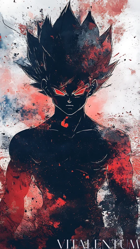 Fierce anime warrior rising from fiery splattered shadows.