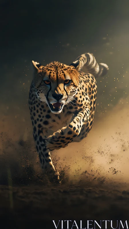 Cheetah sprint rendered in dynamic low-angle golden light.
