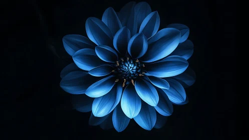 Luminescent Blue Dahlia Against Deep Black Background Illuminated.