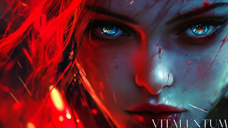 Close digital portrait shows blue-eyed face in red lighting