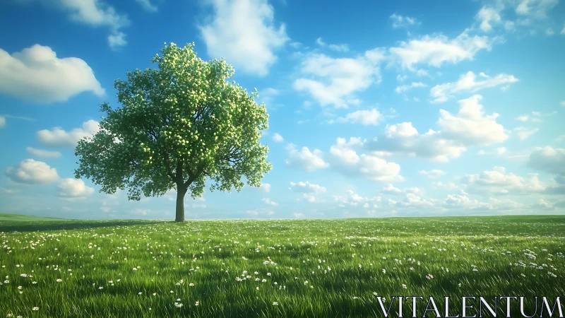 Solitary deciduous tree stands centered in grassy open field
