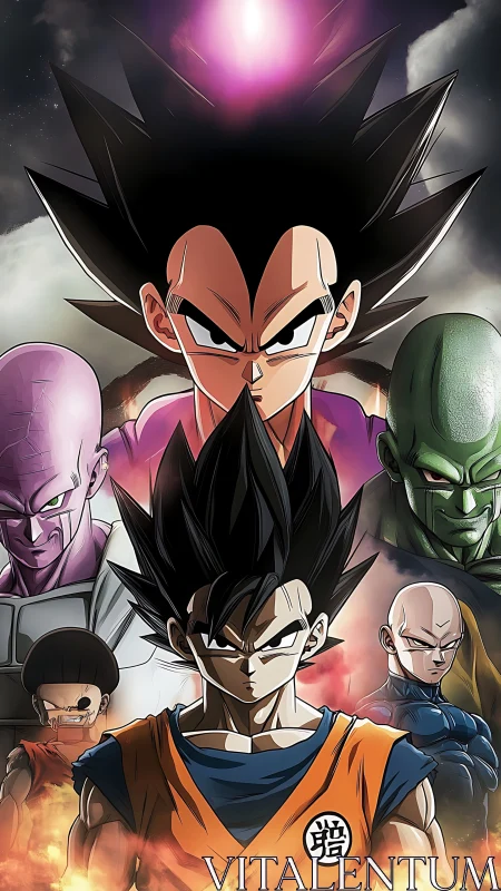 Intense anime fighters stand united with glowing power.