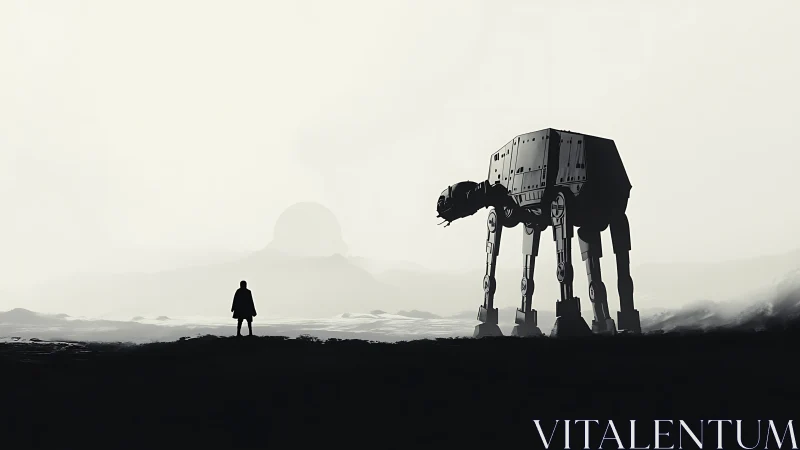 Solitary figure confronting colossal sci‑fi walker silhouette.