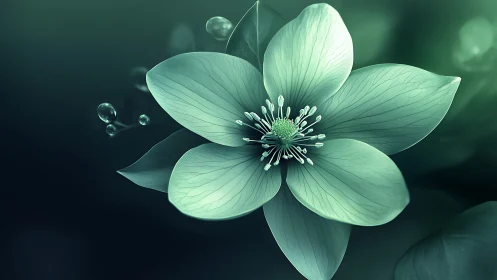 Ethereal mint blossom with luminous stamen and suspended water droplets