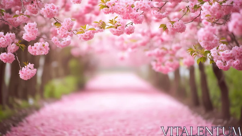 Photorealistic cherry blossom tunnel with soft depth of field.